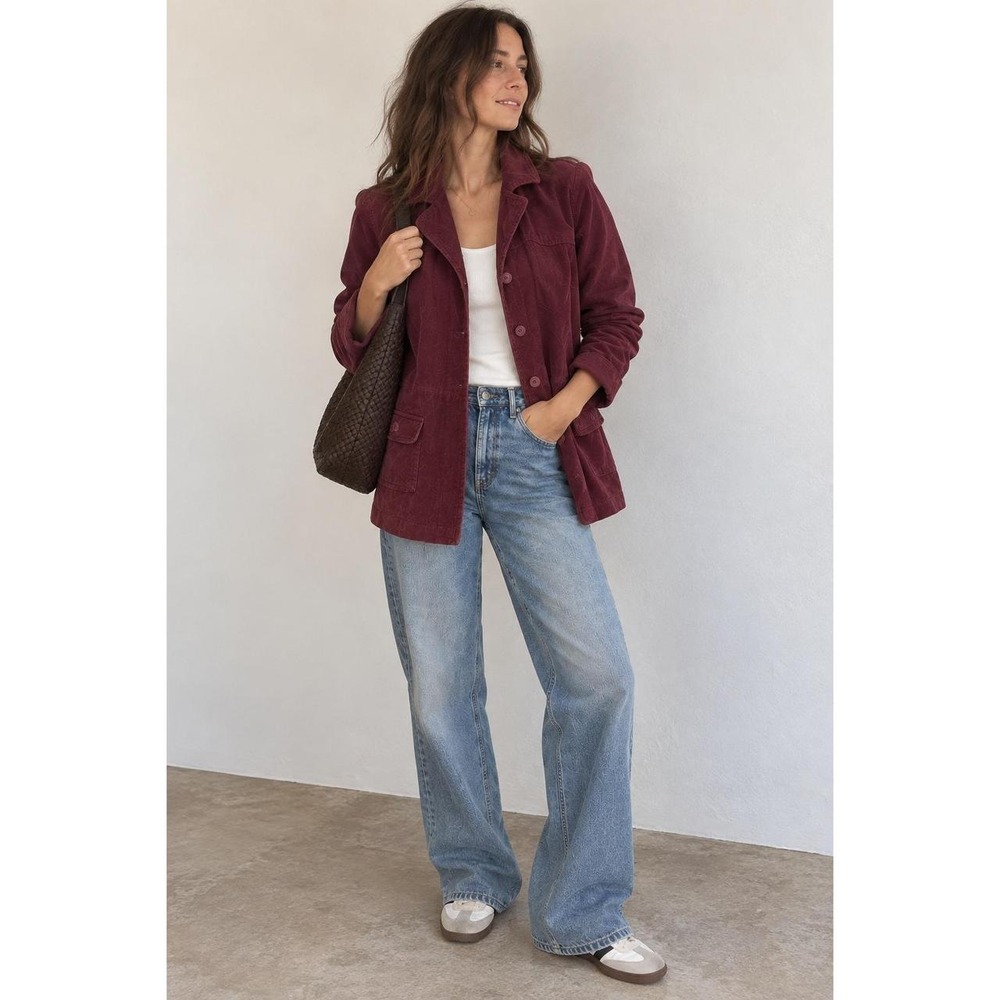 French Cuff Burgundy Corduroy Utility Field Jacket Blazer Coat 90s Style Small